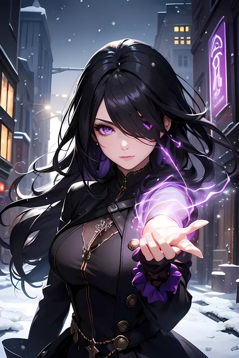 woman with black hair with purple magic in one hand, blindfold, long and black clothes, fantasy digital art, natural lighting, perfect face, (masterpiece), best quality, snow effect, snowy city background, night,
