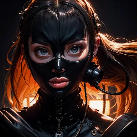 a very beautiful and very thin girl, wears black underwear with tights and latex face mask. dark room with only red neon lightin...