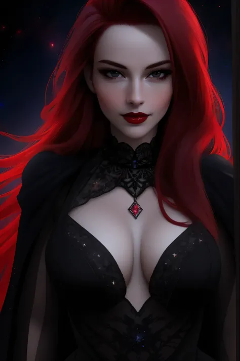 (Masterpiece - Ultra-Detailed, High Resolution) ((vivid red hair)), mature woman, 30 years old, diamond face, red starry sky background, depth of field, magic, big red lips, ((dark and black eyes)) black and red long and full dress, covered chest, mystical...