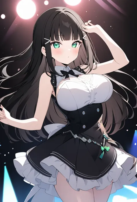 dia kurosawa, long hair, bangs, black hair, hair ornament, green eyes, sidelocks, hairclip, blunt bangs, 1girl ,live stage, Big Breasts,　formal dress