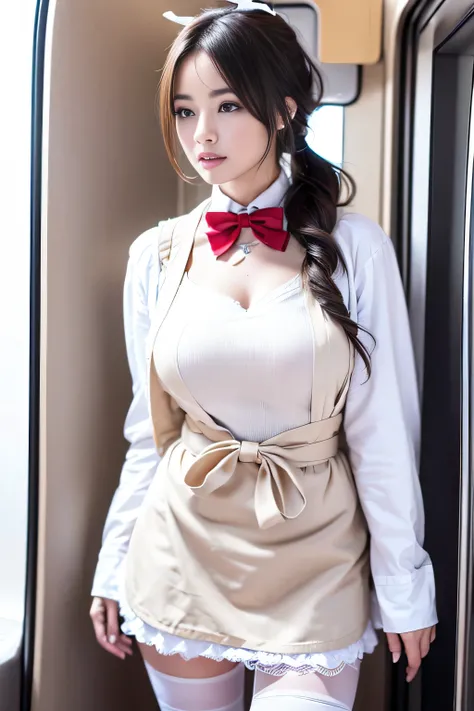 realistic, High resolution, soft light,1 female, alone, waist rises high, (detailed face),(Female student)（(A girl standing in front of a train seat))，colorful hair、shortcut，wear、(white blazer emblem on chest)、(translucent white blouse),(red bow tie)(check...