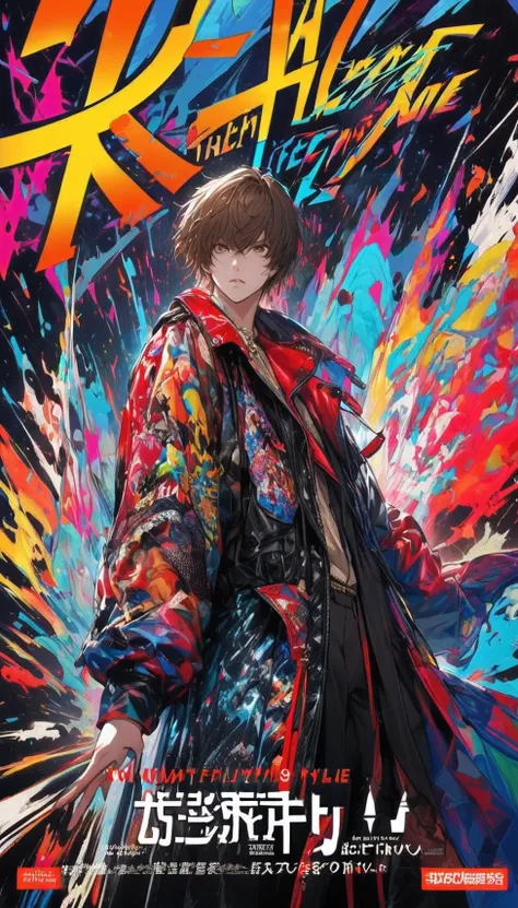 Fashion Magazine cover：a handsome male model, ((((dramatic))), (((Gritty))), (((intense))) film poster featuring a young male spike brown hair,brown eyes, handsome look, looking same as light yagami from death note as the central character. He stands confi...