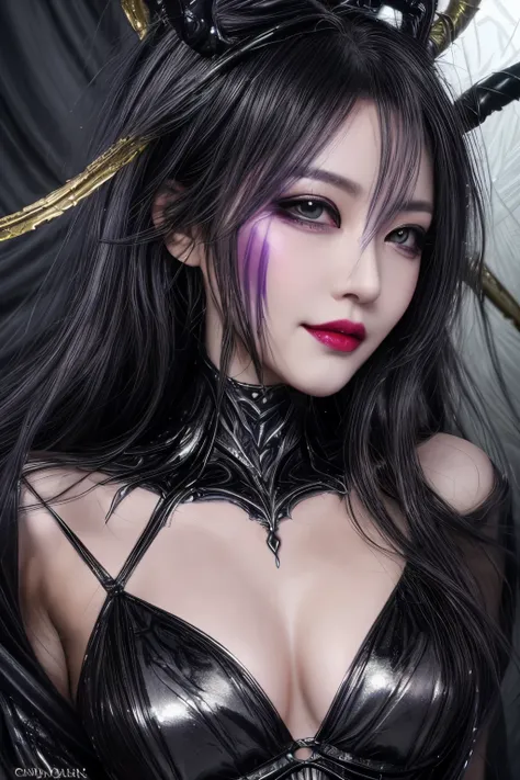 arcane arachnid lady, elise the spider queen, league of legends, arcane arachnid, fighting stance, ( body formed from metallic mauveine and metallic black liquid metallic paint twisting into a beautiful interpretation of the female figure), long sharp fang...