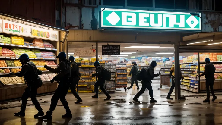 a mob breaking into and looting a supermarket, mercado decadente, depredado, high definition image, cinematic image, imagem ultra detailed, 4k image