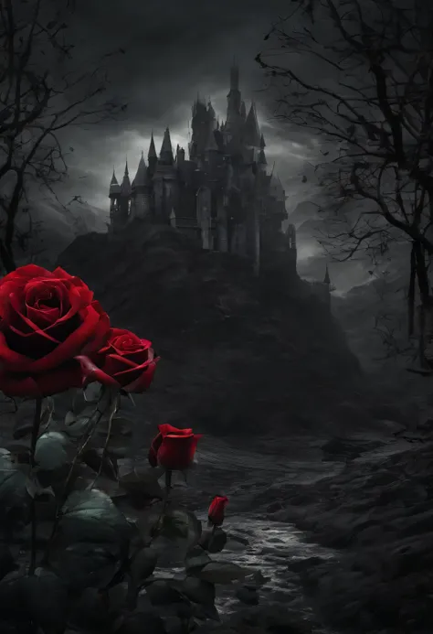 A group of strange castles stands on the rocks on the far coast.，Cold and creepy atmosphere，large depth of field，In the background is bokeh，gothic castle。Screen close-up 1/Close up of 3 roses，Numerous and dense dark red roses.，The petals have a distinct te...