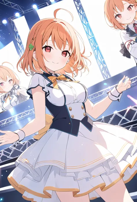 chika takami, short hair, hair ornament, (red eyes:1.3), bow, braid, ahoge, hair bow, orange hair, side braid, yellow bow, clover hair ornament, 
live stage, large Breasts, Formal dress smile　solo
