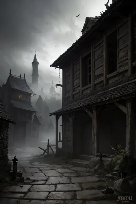 arafed dirt and stone rods in medieval style with a dark sky and a few buildings, dark abandoned village dirt and rock ways, misty ghost town, photorealistic dark concept art, dark dirty grungy dirt roads, by Artur Tarnowski, dark street, creepy and dramat...