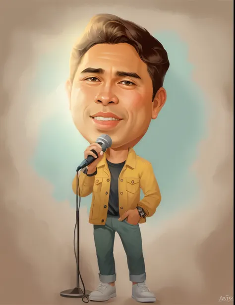 a close-up of a cartoon man with a microphone in his hand, caricatura illustration, em estilo cartoon, caricatura style, retrato, desenho animado realista, ARTE DE DESENHO ANIMADO, an Indonesian retrato, caricatura, desenho animado de arte digital, retrato...