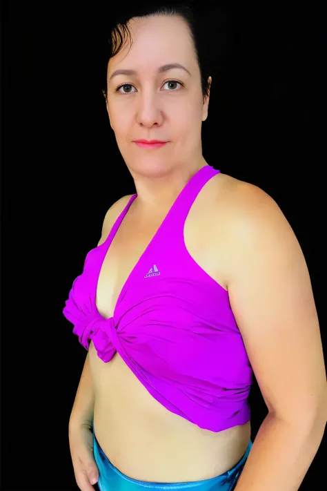 there is a Brazilian woman, in a purple top posing for a photo, purple halter top, looking from the side, sports bra and shirt, frontal pose, wearing a purple t-shirt, front portrait, seen from the side, frontal photo, purple top, adjusted photo , using gy...