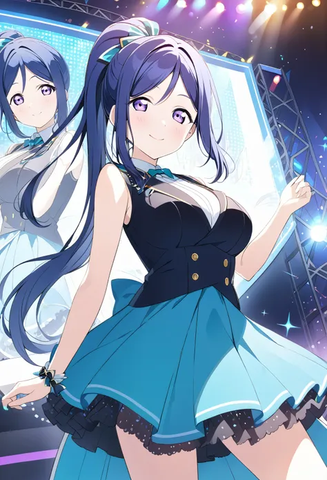 kanan matsuura, long hair, blue hair, (purple eyes:1.1), ponytail, sidelocks,,, live stage, large Breasts, Formal dress smile　solo

