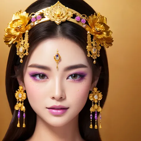 Goddess of good fortune。Beautiful, luxurious and gorgeous。I like white, gold and purple。Realistic Face。