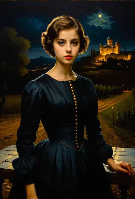 [[(front full portrait: young Lizzie Kaplan (solo) with big eyes and a short hair oblique twins apple)((Andrea Solario style))])):20]/[background: landscape
 dark Renaissance, old canva, (noir night), ((landscape style Alexey Savrasov:1,6))]/[two-color lig...