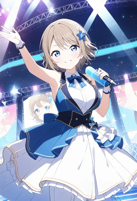 you watanabe, short hair, blue eyes, brown hair,,　, live stage, large breasts, formal dress smile　solo