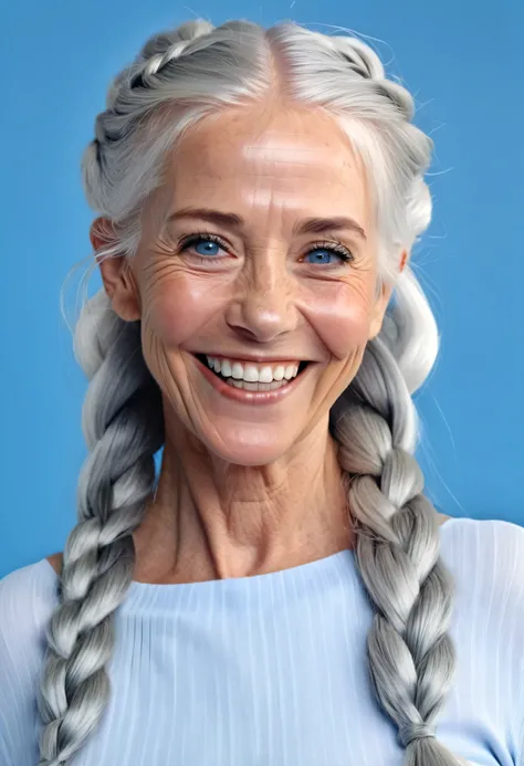 70-year-old woman, smiling (full long white hair), (futuristic fantastic thick hair), Beautiful smile, show teeth (perfect natural teeth), natural blue eyes, portrait, 8k, ultrarealistic, intelligent and friendly face, averagely trained body, wrinkles, som...