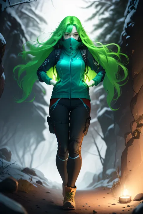 masterpiece, best quality, official art, ultra high res, ultra detailed, 1girl, solo, holding a flashlight, mature, woman, climbing a mountain, serious, tactical, pose, hiking pants, wind, wind breaker, holding up flashlight, green hair, long hair, very lo...