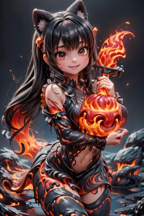 a demon girl smiling made entirely of lava, (magic lava clothes), (magic lava mary janes), (((sfw)))