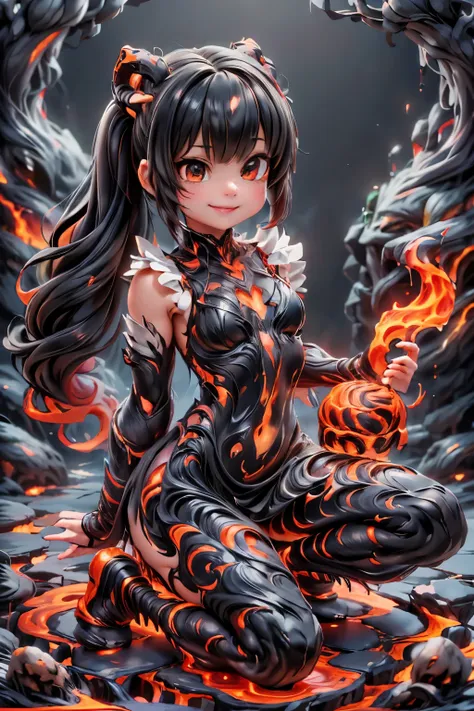 a demon girl smiling made entirely of lava, hair entirely ((made of lava)), (magic lava clothes), (magic lava heels), (((sfw)))