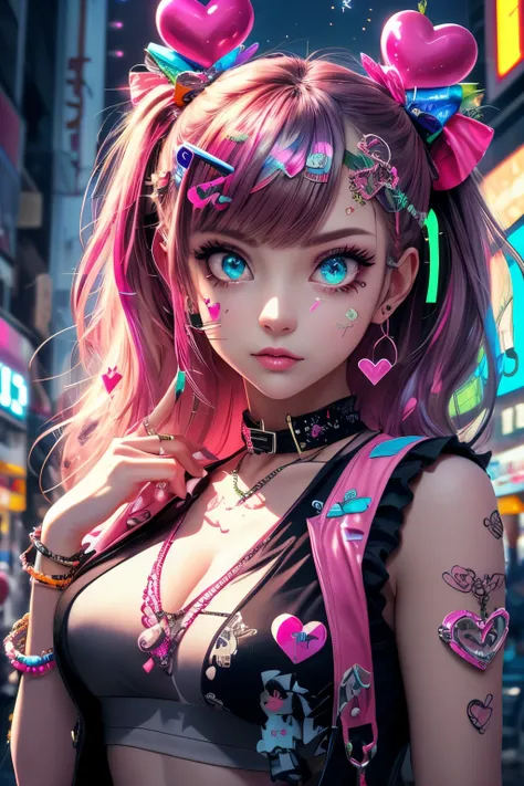 This is a Harajuku street-style masterpiece with extreme detail. Generate a trendy ((decora)) cyberpunk woman (standing) in the colorful and chaotic streets of Akihabara, Tokyo in the style of decora street style. The womans decora and Harajuku street clot...