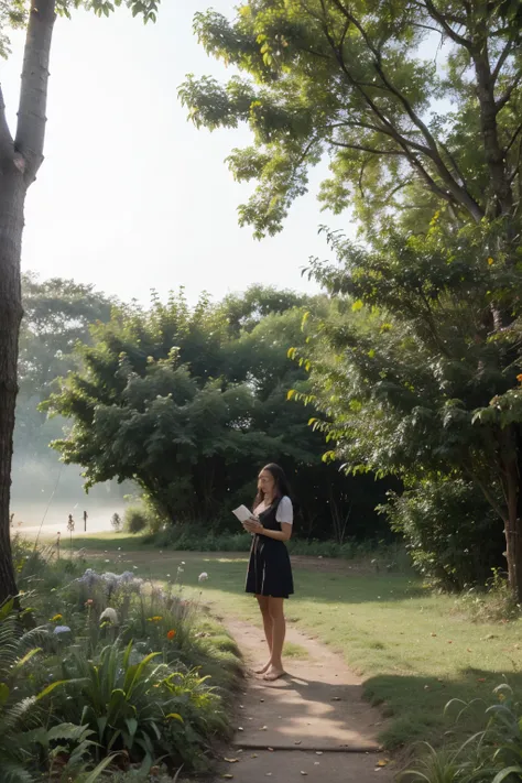 ((melhor qualidade)), ((obra de arte)), (detalhado) Clara is standing, em uma clareira tranquila na floresta, with the sun gently filtering through the green leaves of the trees. She is holding an open book, perdida em sua leitura, enquanto ao seu redor a ...