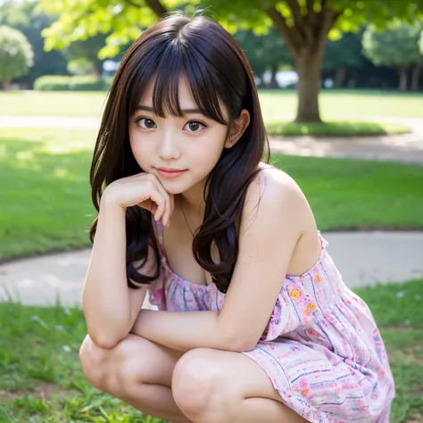 Best-quality, Masterpiece, Ultra-High-Resolution, (Photorealistic:1.4), Raw-Photo, 64K, depth of field, professional lighting, perfect anatomy, extremely details, 1girl, 15-years-old, the most famous Japanese idol, cowboy shot, squatting at park, wearing o...