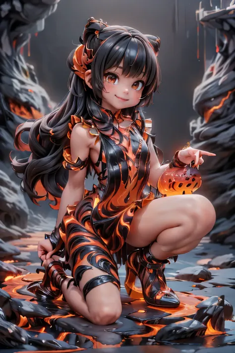 a girl smiling (magic lava clothes), clothes made entirely of lava, (magic lava dress), (magic lava heels), (heels made entirely...