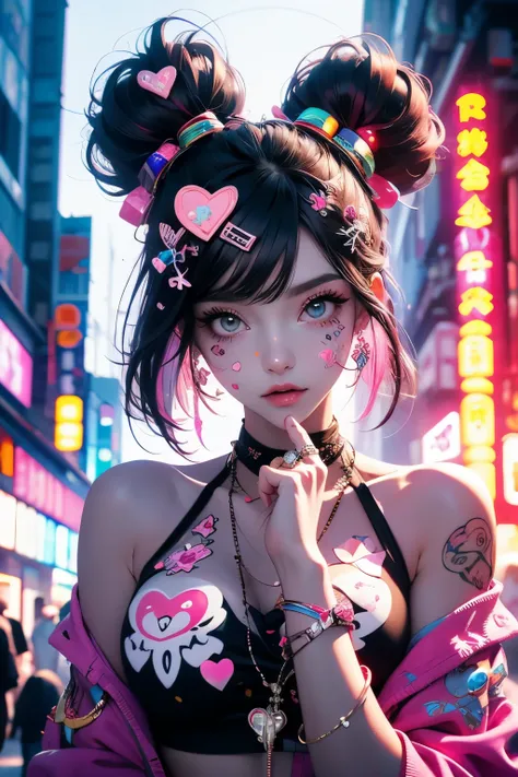 this is a harajuku street-style masterpiece with extreme detail. generate a trendy ((decora)) cyberpunk woman (standing) in the ...