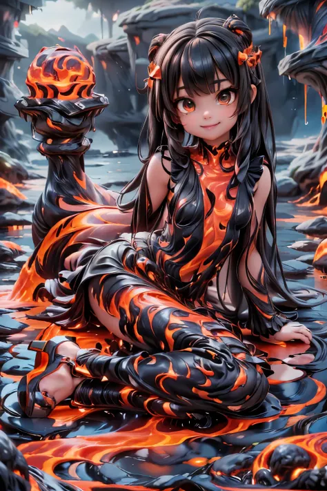 a demon girl smiling (magic lava clothes), clothes made entirely of lava, (magic lava dress), (magic lava heels), (heels made entirely of lava), lava hair, hair made of lava, lying on a lava pond, (((sfw)))