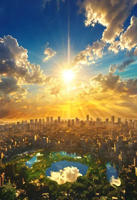 A mystical city rising into the sky、Digital Art, The clouds clear and the shining sun appears, On Ascension Day,Golden Sun、Cities in the sky、god々Utopia of、There is one relic。God floating in the air々Our Sky Garden、Angel Ladder、