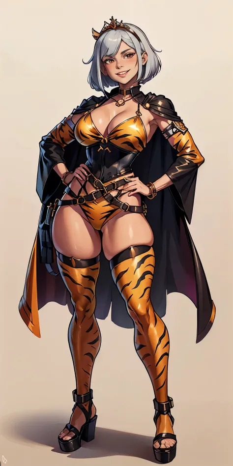 ((Masterpiece, plain background,1:2, masterpiece)) full body standing with two long yellow tiger print stockings, toned thighs,cleavage, separate yellow tiger print stockings thighs and sleeves, tiara royal, long cape up to two feet, yellow tiger bikini pr...