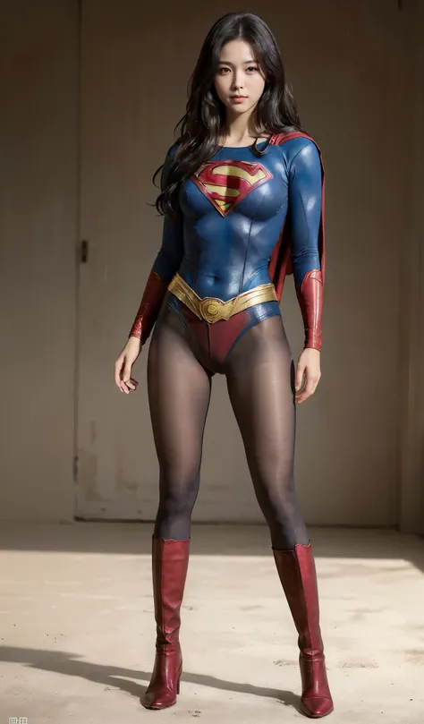 No background、(((Improve your style)))、(((Model Body Type)))、(((Beautiful legs in black tights.)))、(((Legally express the beauty of your smile)))、((((Make the most of your original images)))、(((Supergirl Costume)))、(((A form-fitting Supergirl costume)))、((...