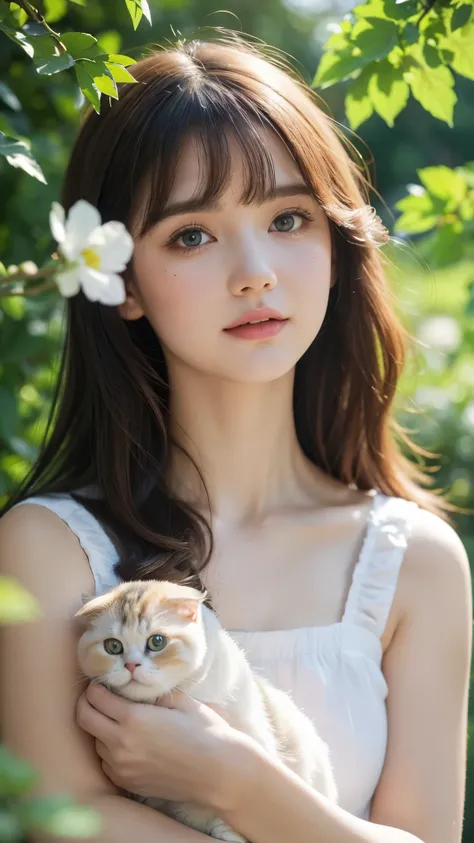 A girl with a Scottish Fold cat, (best quality, realistic:1.37), vivid colors, portraits, a garden scene, soft lighting, beautiful detailed eyes, beautiful detailed lips, youthful appearance, gentle smile, bright-colored dress, holding the cat in her arms,...