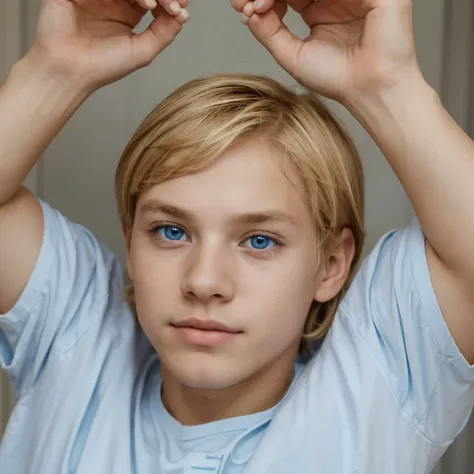 A boy with very light blonde hair and very light blue eyes