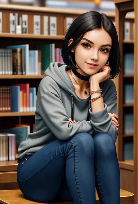 Caucasian woman, 20 years old, short straight black hair, almond-shaped brown eyes, makeup, big eyeliner, painted nails, friendly and kind smile, background, library, holds book in hand, she is sitting in the chair reading a book, sweatshirt hood blue, bra...