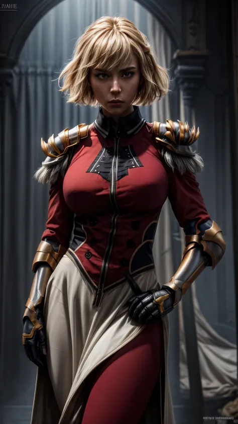 solo, 1girl, cha hae-in, expressionless, looking at viewer, armor, black collar, shoulder armor, long sleeves, gloves, gauntlets, pelvic curtain, Large breasts, thick thighs, curvy hips 