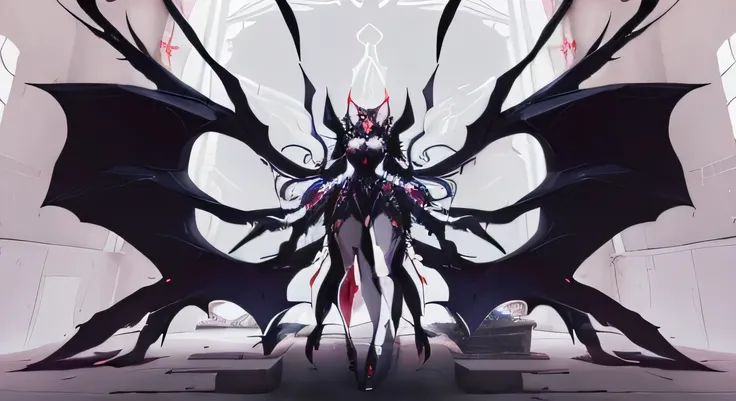 anime style picture of a devil with a red eye and a devil like body, Goddess of Darkness with Six Arms, smile, Symmetric!! Concept Art, Final Boss, depraved cybernetic devil, Albedo from the anime Overlord, Longshot Jorogumo, Succubus, devil anime girl, ya...