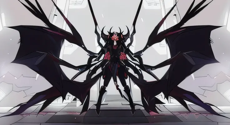 anime style picture of a devil with a red eye and a devil like body, Goddess of Darkness with Six Arms, smile, Symmetric!! Concept Art, Final Boss, depraved cybernetic devil, Albedo from the anime Overlord, Longshot Jorogumo, Succubus, devil anime girl, ya...