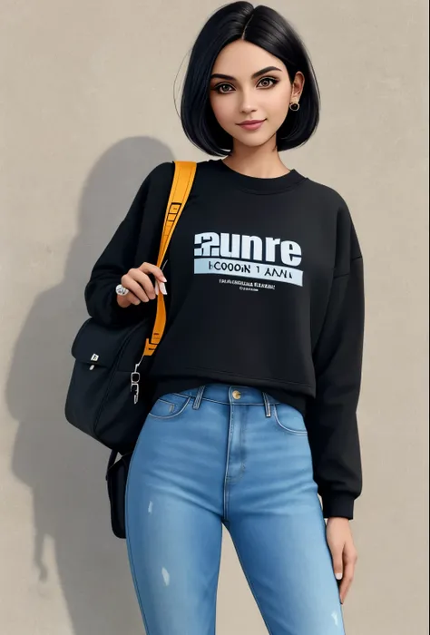 Caucasian woman, 20 years old, short straight black hair, almond-shaped brown eyes, makeup, big eyeliner, painted nails, friendly and kind smile, background, library, holds book in hand, sweatshirt, blue bracelet, backpack on back, black jeans worn around ...