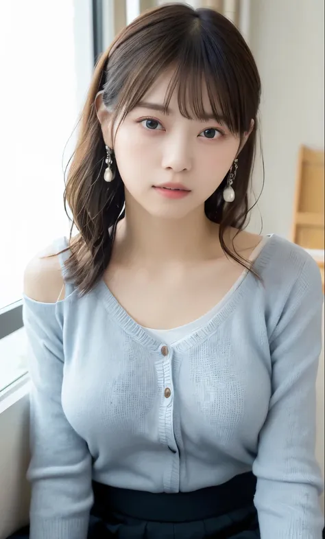 masterpiece、highest quality、16k、High resolution、超High resolution，Very detailed、Soft Light、Professional Lighting、Pale shading、Low contrast、Japanese、beautiful girl、Slender women、daytime office、Window seat、sitting in front of a computer、(Knitwear that fits sn...