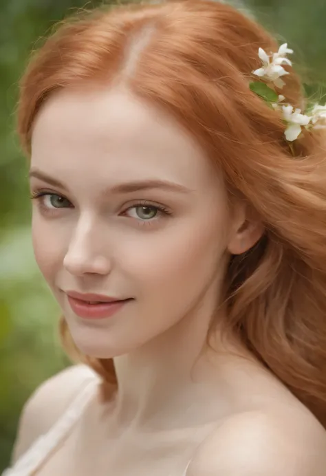 Headshot of fantasy - art novouo woman with long lush light strawberry blonde thick and strong. flowding hair and no makeup, with gently glosy, wet finish on her lips. blend of Art Nouveau splendor and futuristic feel. The image captures the beauty of the ...