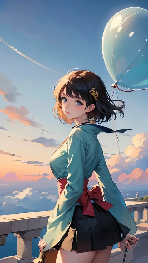 Christian Riese Lassen, Raphael Delorme, Wladyslaw Benda, Surrealism, wonder, strange, bizarre, fantasy, Sci-fi, Japanese anime, whale above the clouds, miniskirt beautiful girl on a balloon ride, perfect voluminous body, greetings, detailed masterpiece bi...