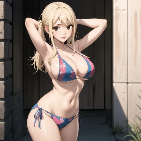 Lucy Heartfilia, 24 year old woman long straight blonde hair,, Brown eyes, pechos grandes bikini azul , hands behind head leaning on a wall, fondo una pared. urbana. arms behind the head, sonrisa coqueta. image facing the camera.