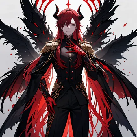 Detailed red haired man standing alone, （Wearing bones (Translucent and intricately embroidered) 、Black-eyed smile, Wearing strange futuristic fashion,Has two demonic black horns and wings.、 Luxurious and complex suit, , Exquisitely crafted, Created, Scrup...