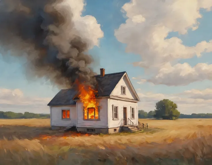 cinematic painting of a burning white painted small house in the middle of a field on daylight