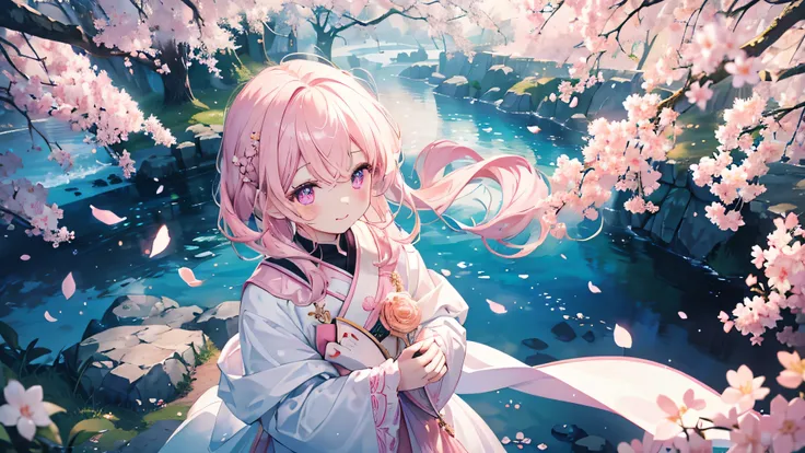cherry blossoms,(Highest quality、masterpiece、Super fine、Super fine、Exquisite、16k、Full HD) 、(((Angle viewed from above))), ((Big Move,happy,fun))mysterious、((Only one person:1.5)) 、Fantasy、Fantasy World、adventure、village、Soft sunlight、((Clear skies)) 、smile...