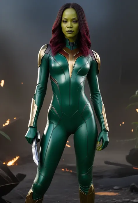 
Zoe Saldana dominates the scene as Gamora, the deadliest woman in the galaxy.  Her armor is a sleek, emerald green bodysuit accented by gold highlights. The suit is form-fitting but not revealing, designed for maximum mobility and protection.  She holds h...