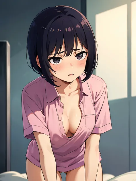 1. Beautiful girl in a pink polo shirt, short hair, Small breasts, Embarrassing, Beautiful fingers, Shyness, worries, Black Hair, No underwear, Bending over Black eyes Hospital Beautiful Cute High quality Short sleeves　No bra, drool, on all fours, naked