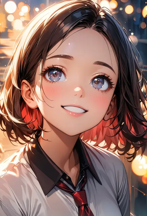 (highest quality:1.2, Very detailed, up to date, Vibrant, masterpiece:1.2, highest quality, Best aesthetics), (((1 girl))),Sweet smile, Moist eyes, Red cheeks, Leaking sigh, Portrait of a beautiful girl, Looking up, Composition from above, Gentle lighting,...