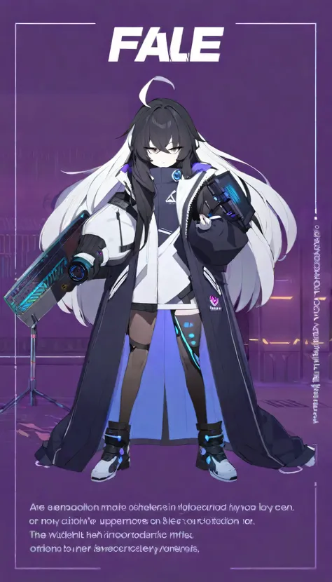 One girl,whole body,Are standing,Concept Art,low length,small girl,,White Hair,Black Hair,Cyberpunk clothing,Long coat,Long sleeves,Large coat,Long hair with sleeves touching the ground,Messy hair,Messy Hair,Thick hair,Evil Organization,Simple background g...