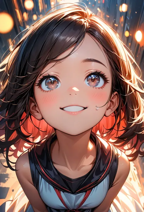 (highest quality:1.2, Very detailed, up to date, Vibrant, masterpiece:1.2, highest quality, Best aesthetics), (((1 girl))),Sweet smile, Moist eyes, Red cheeks, Leaking sigh, Portrait of a beautiful girl, Looking up, Composition from above, Gentle lighting,...