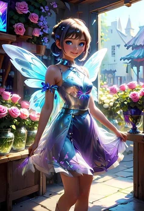 high details, best quality, 16k, RAW, [best detailed], masterpiece, best quality, (extremely detailed), GlowingRunes_paleblue, full body, ultra wide shot, photorealistic, fantasy art, RPG art, D&D art, a picture of a fairy selling flowers in a florist shop...
